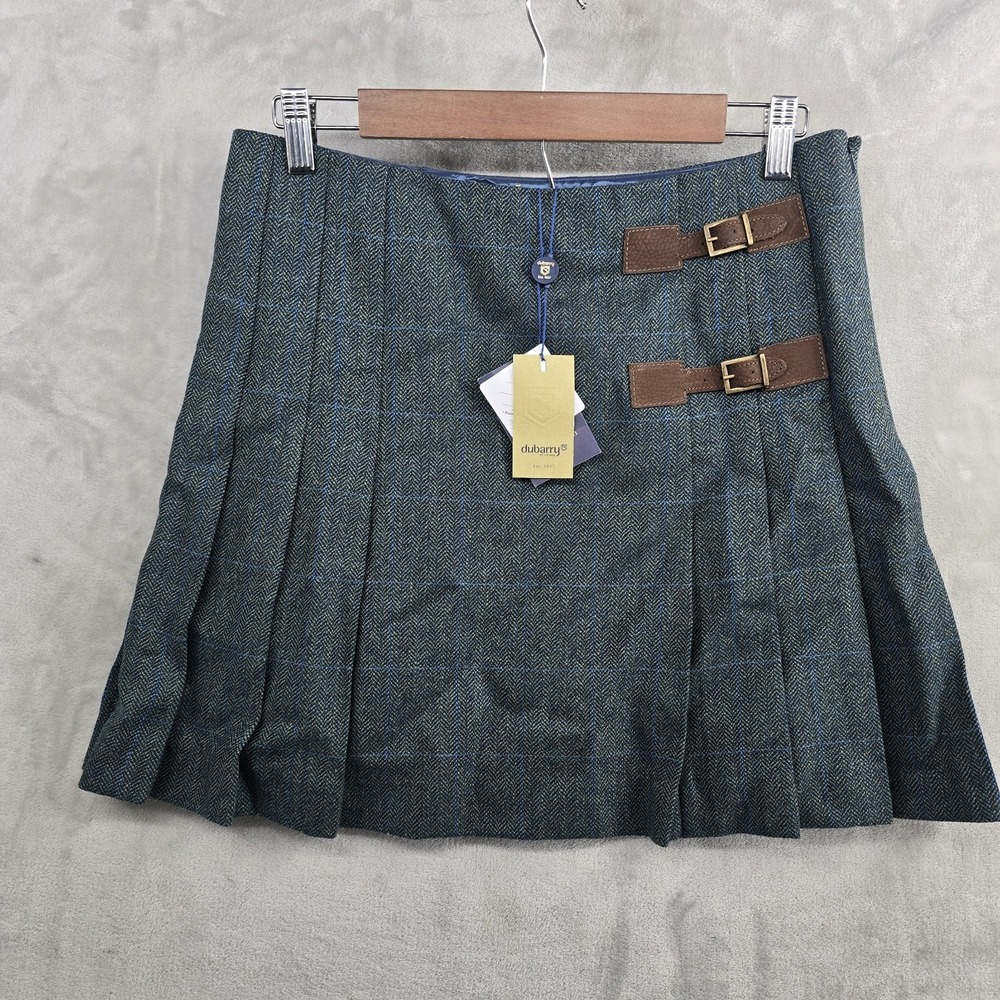 NWT Dubarry of Ireland Size 10 Blossom Tweed Skirt Teflon Wool Pleated Mist Blue